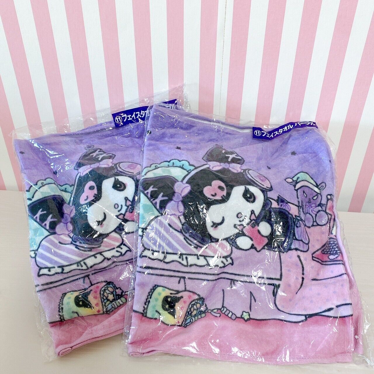 Sanrio Kuromi Face Towel Set 2 Purple Pink Fluffy Ribbon Bed Room Kawaii Rare