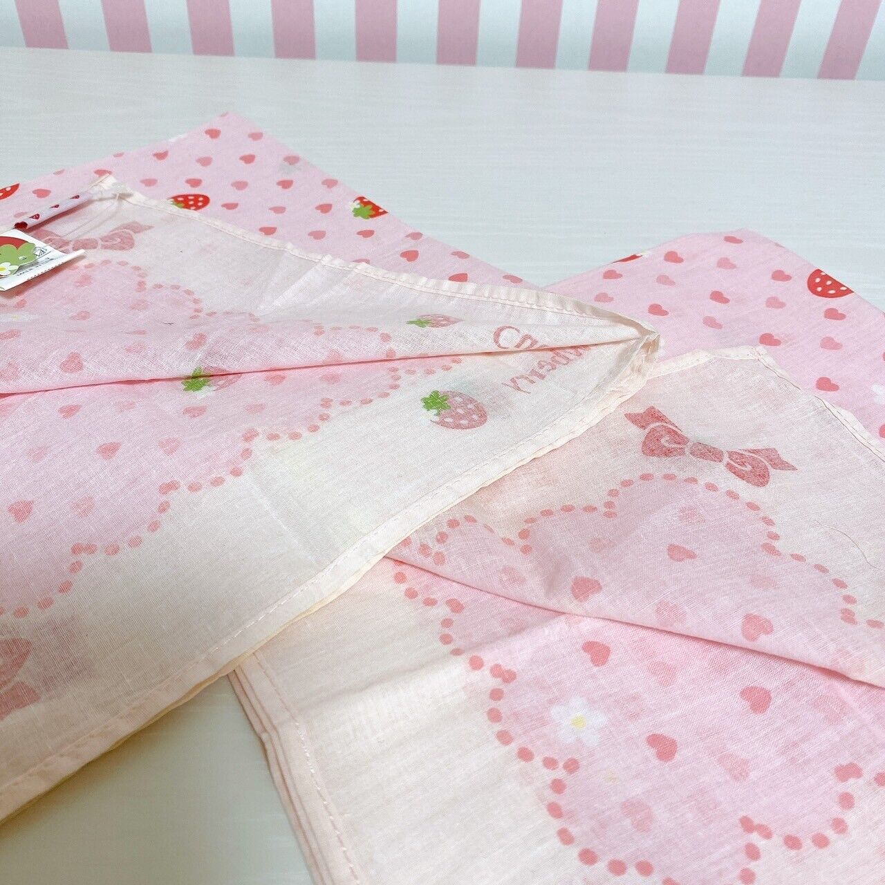 Mother Garden Wild Strawberry Handkerchief 2 Set Pink Heart Cotton Kawaii Rare