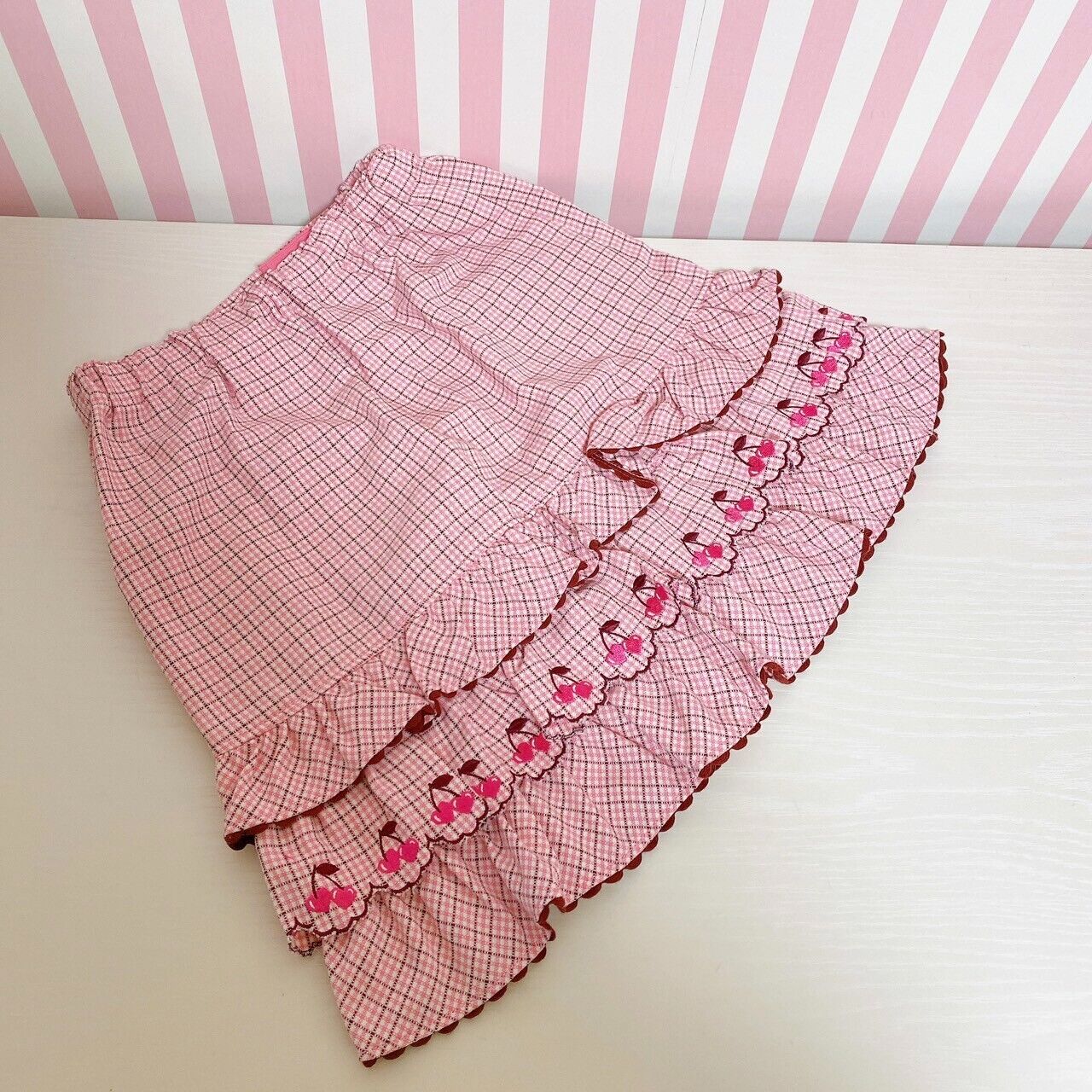 Mezzo Piano Skirt Pink 130 Size Plaid Pleats Cherry Frill Heart Zipper Clothing