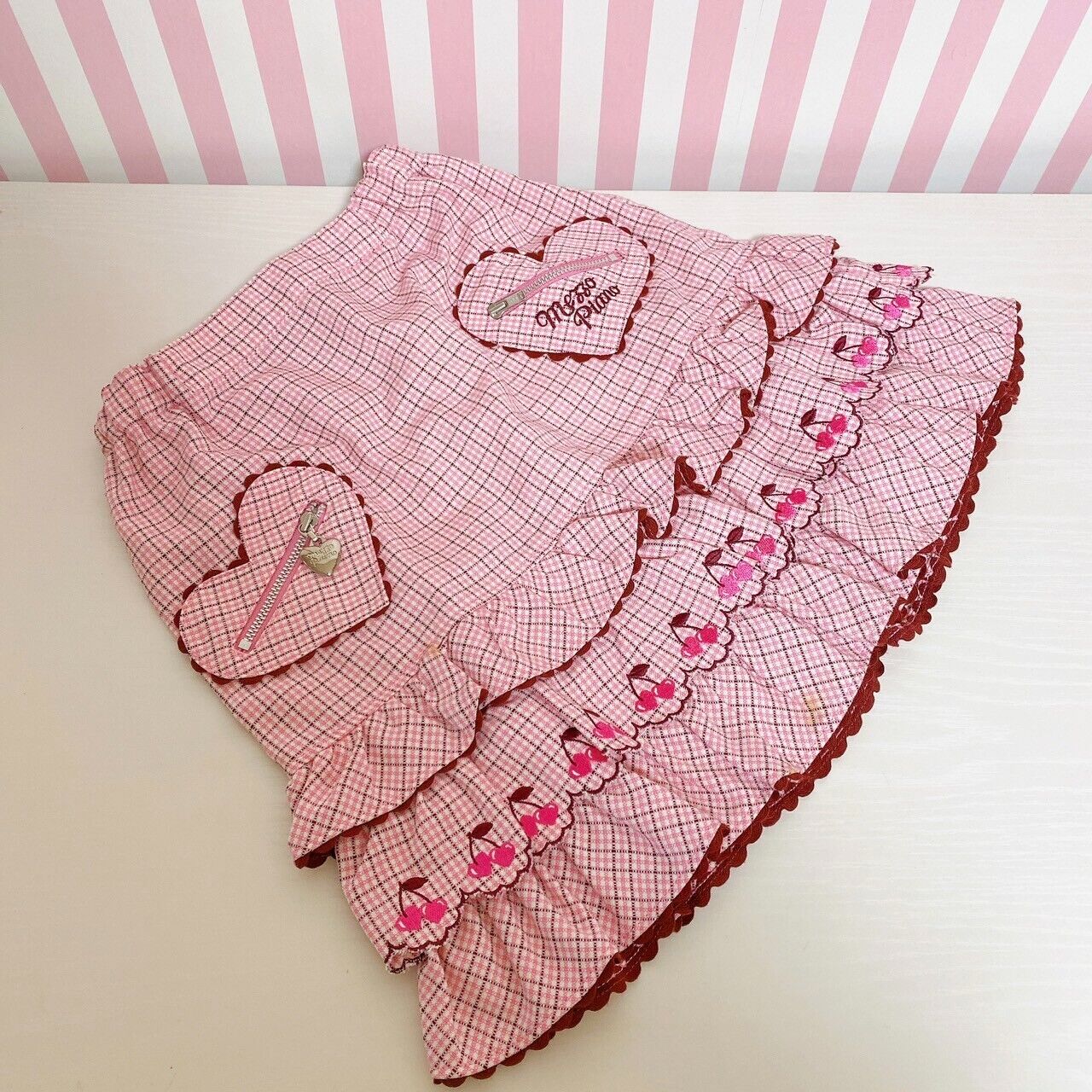 Mezzo Piano Skirt Pink 130 Size Plaid Pleats Cherry Frill Heart Zipper Clothing