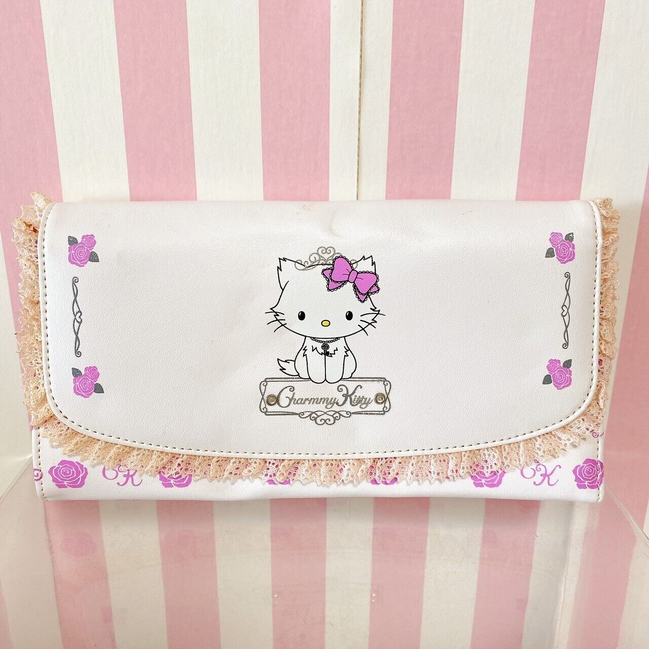 Sanrio Charmmy Charmy Kitty Wallet Purse Coin Case White Cat Rose Flower Key