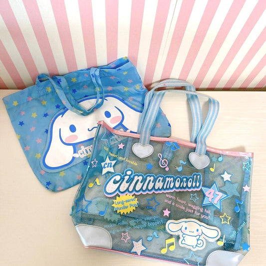 Sanrio Cinnamoroll Tote Bag Handbag Set 2 Vinyl Pool Light Blue Note Star Heart