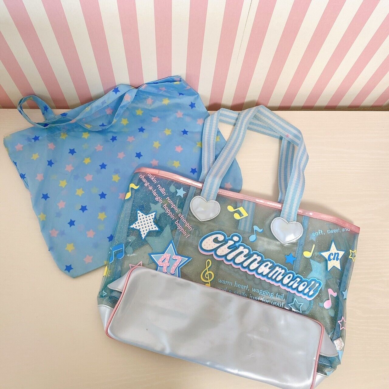 Sanrio Cinnamoroll Tote Bag Handbag Set 2 Vinyl Pool Light Blue Note Star Heart