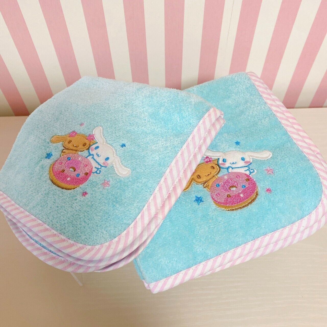 Sanrio Cinnamoroll Mini Hand Towel Set 2 Blue Doughnut Fluffy Mocha Stripe Rare