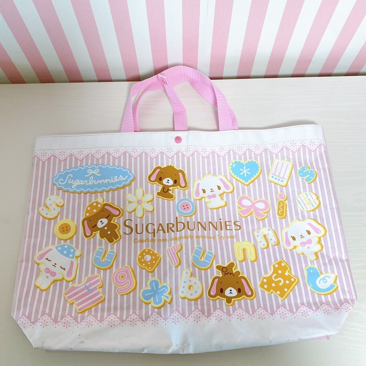 Sanrio Sugar Bunnies Tote Lesson Bag Handbag Shirousa Kurousa Pink Stripe Kawaii