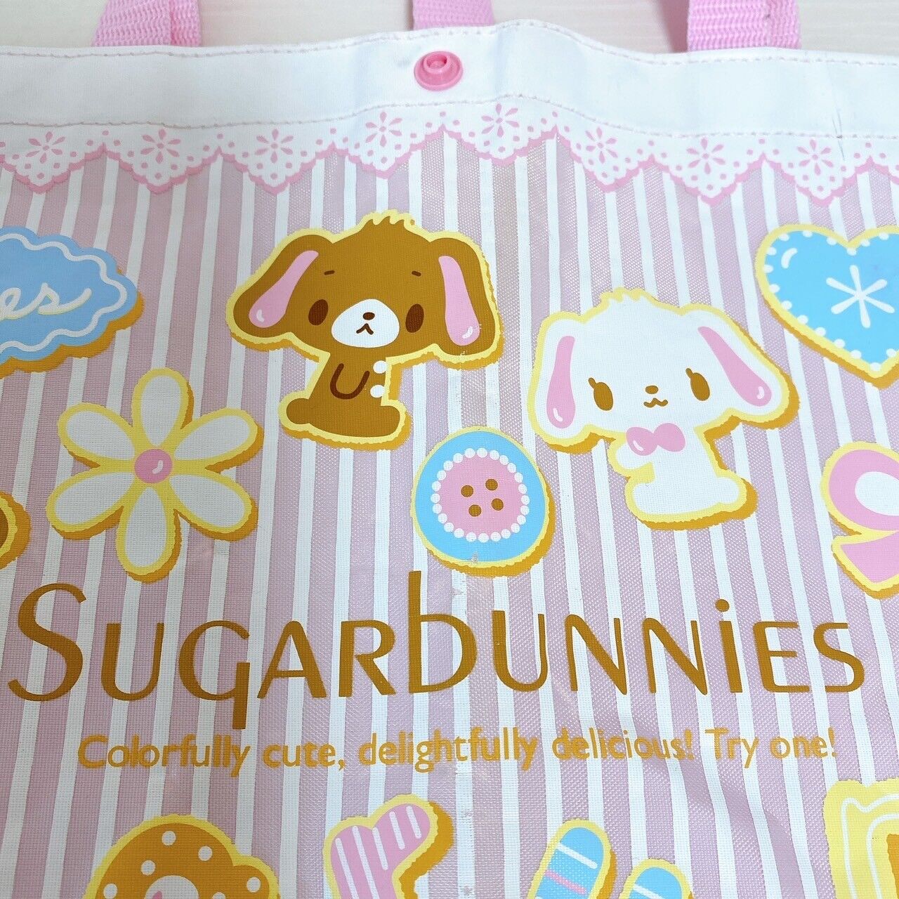 Sanrio Sugar Bunnies Tote Lesson Bag Handbag Shirousa Kurousa Pink Stripe Kawaii