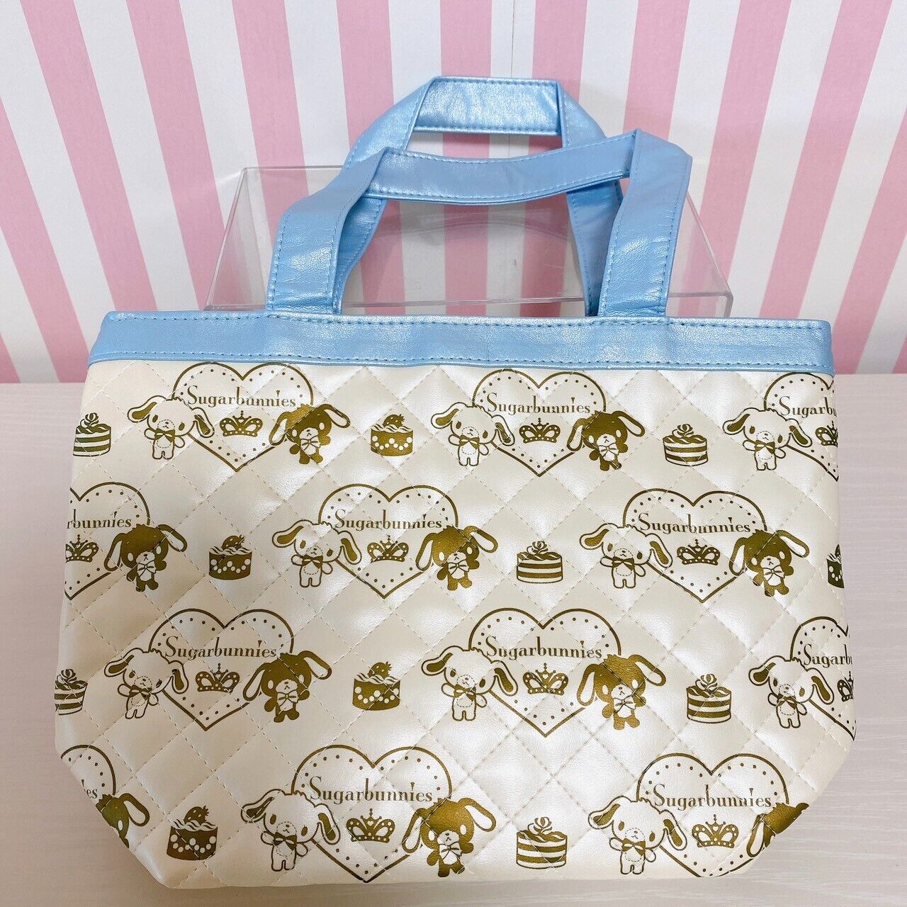 Sanrio Sugar Bunnies Tote Lesson Bag Handbag Quilt Shirousa Kurosua Blue White