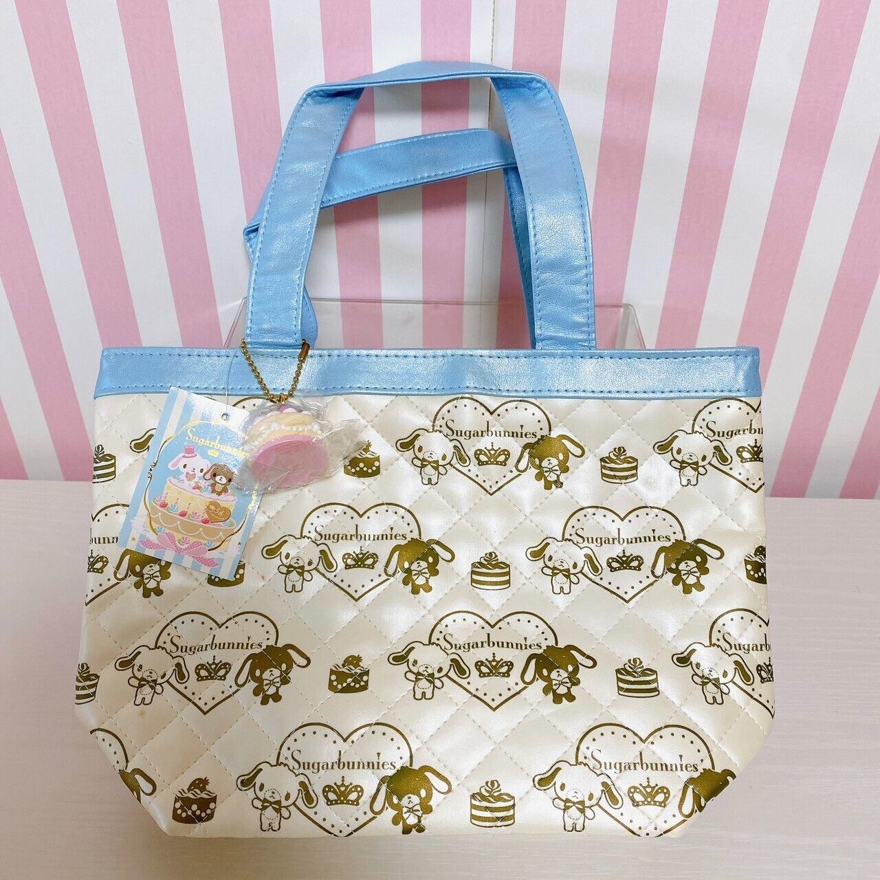 Sanrio Sugar Bunnies Tote Lesson Bag Handbag Quilt Shirousa Kurosua Blue White