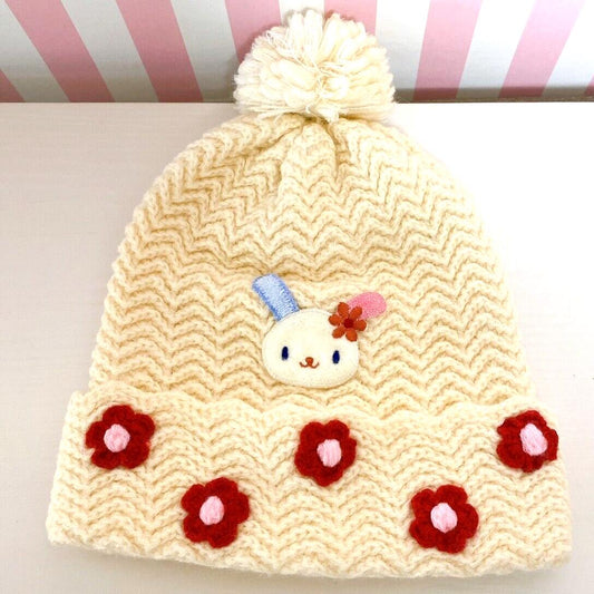 Sanrio Usahana Knit Hat Flower White Red Rabbit Kawaii Kids Character Fluffy