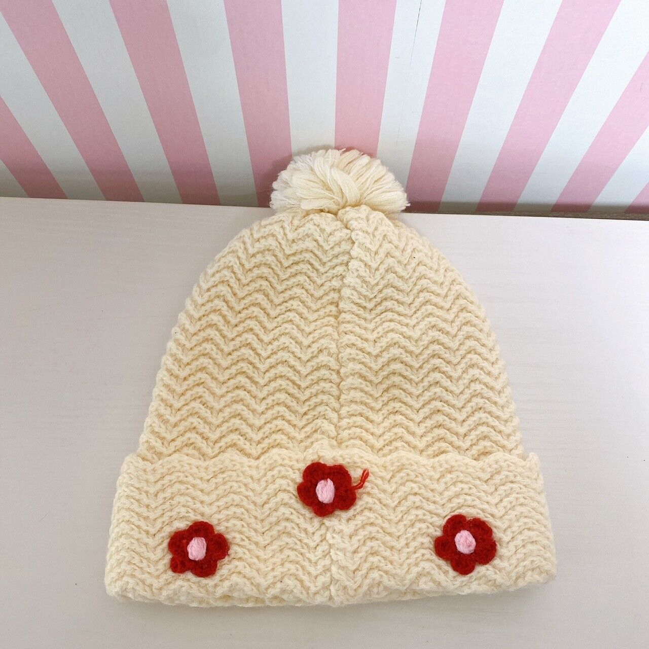 Sanrio Usahana Knit Hat Flower White Red Rabbit Kawaii Kids Character Fluffy