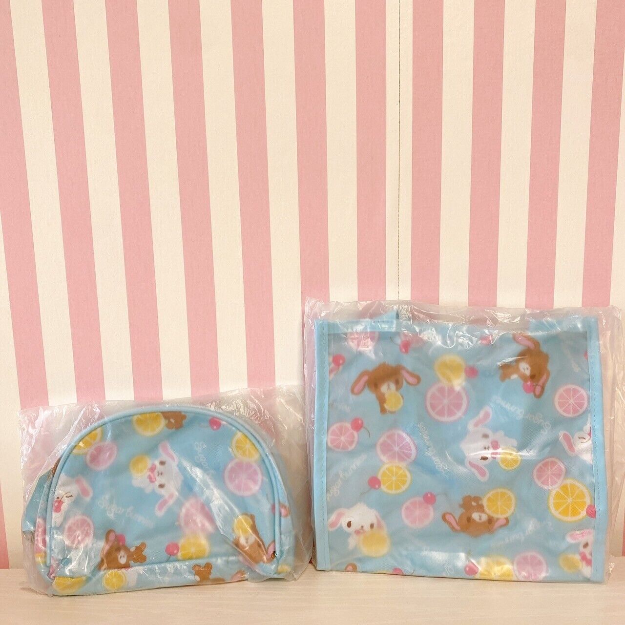 Sanrio Sugar Bunnies Tote Bag Pouch Set 2 Blue Lemmon Cherry Fruit Rabbit Rare