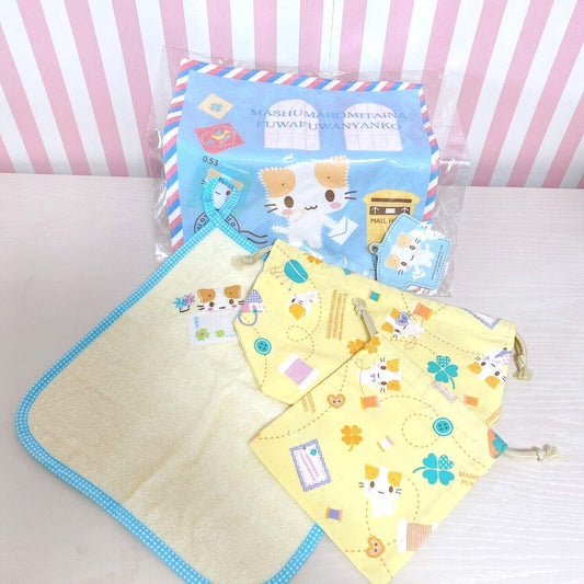 Sanrio Masyumaro Fluffy Fuwa Nyanko Marshmallow Hand Towel Drawstring Bag Set 4