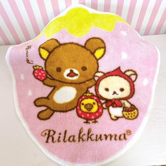 Rilakkuma Korilakkuma SanX Rug Mat Strawberry Kiiroitori Bear Face Fluffy Pink