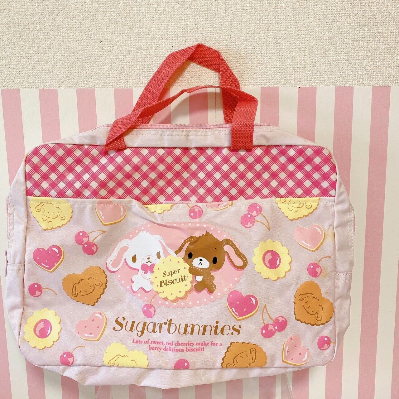 Sanrio Sugar Bunnies Tote Lesson Bag Cherry Cookie pattern Pink Shirousa Kurousa