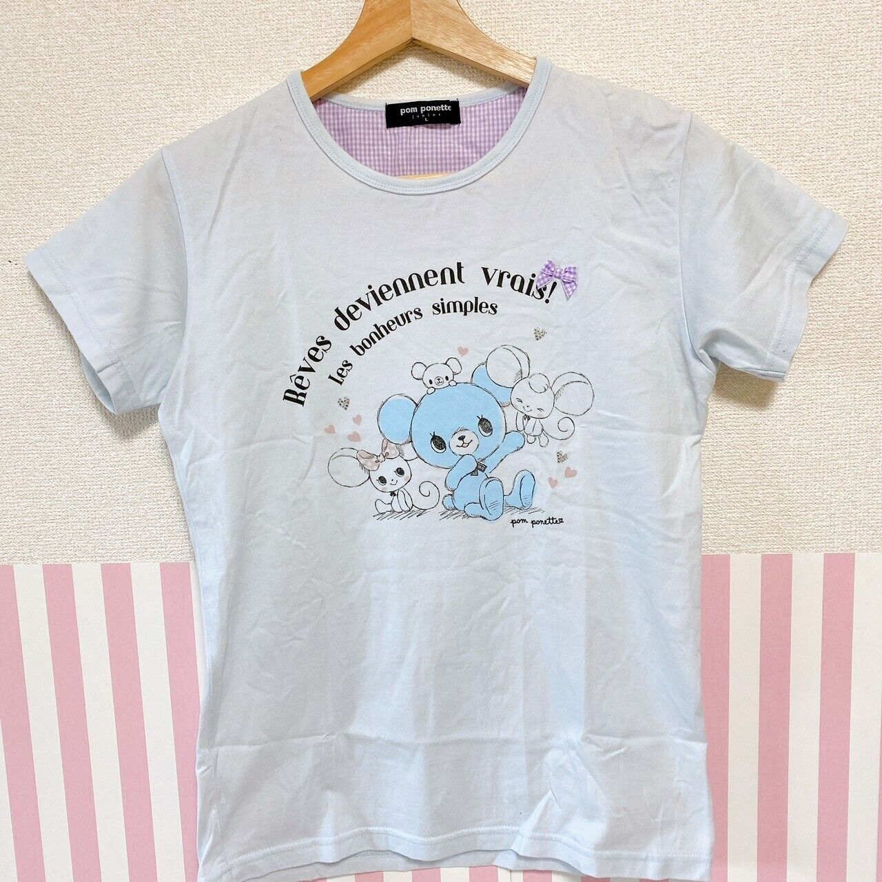 Pom Ponette Kids T-shirt 160 Size L Bear Blue Ribbon Character Rare PomPonette