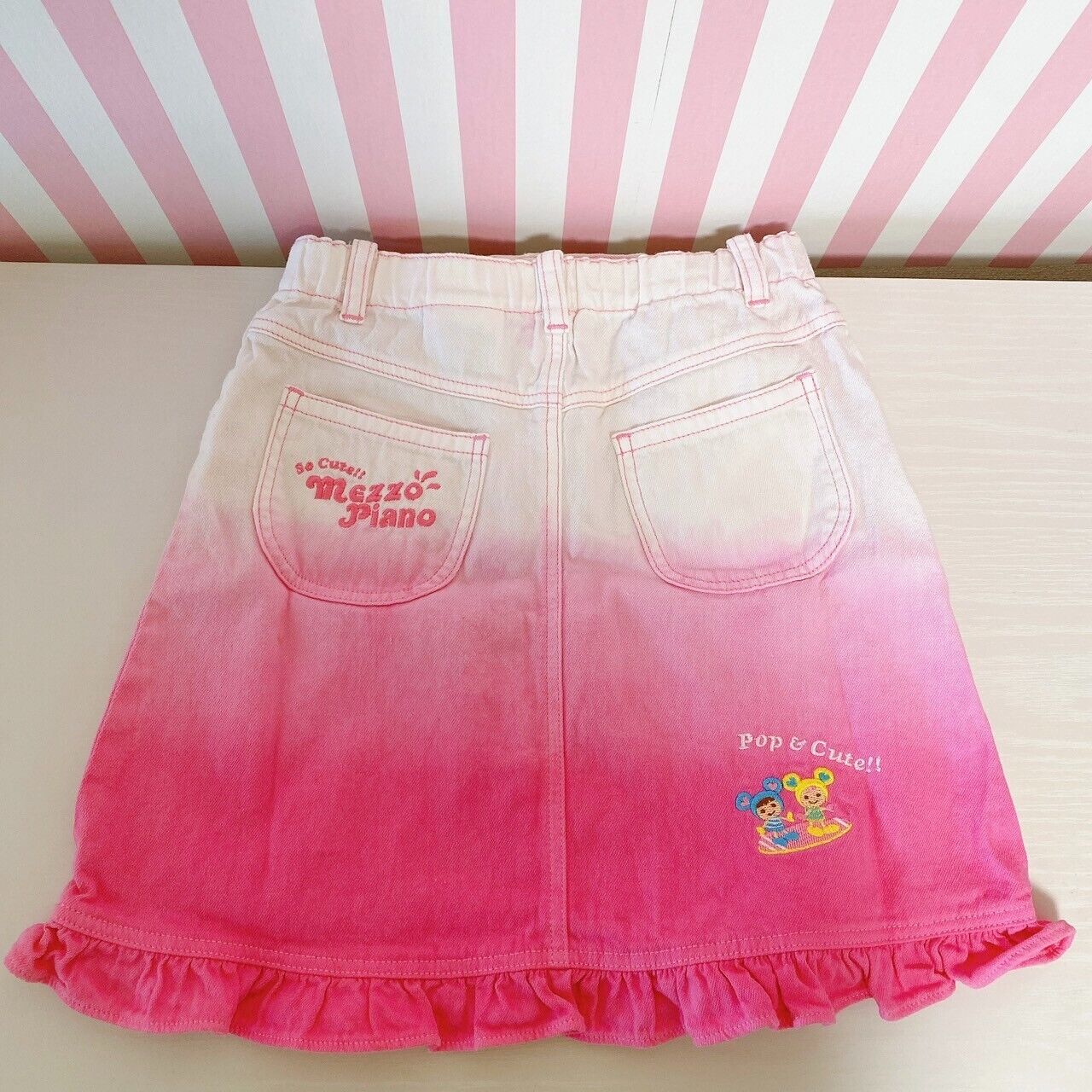 Mezzo Piano Denim Skirt 120 Size Pink Gradation Frill Heart Pocket Kids Cute