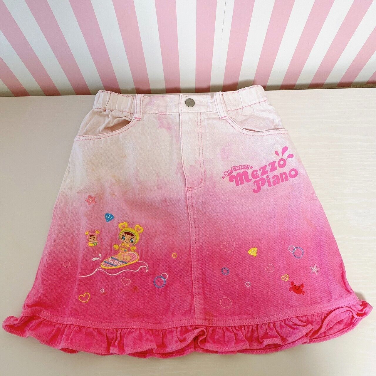 Mezzo Piano Denim Skirt 120 Size Pink Gradation Frill Heart Pocket Kids Cute