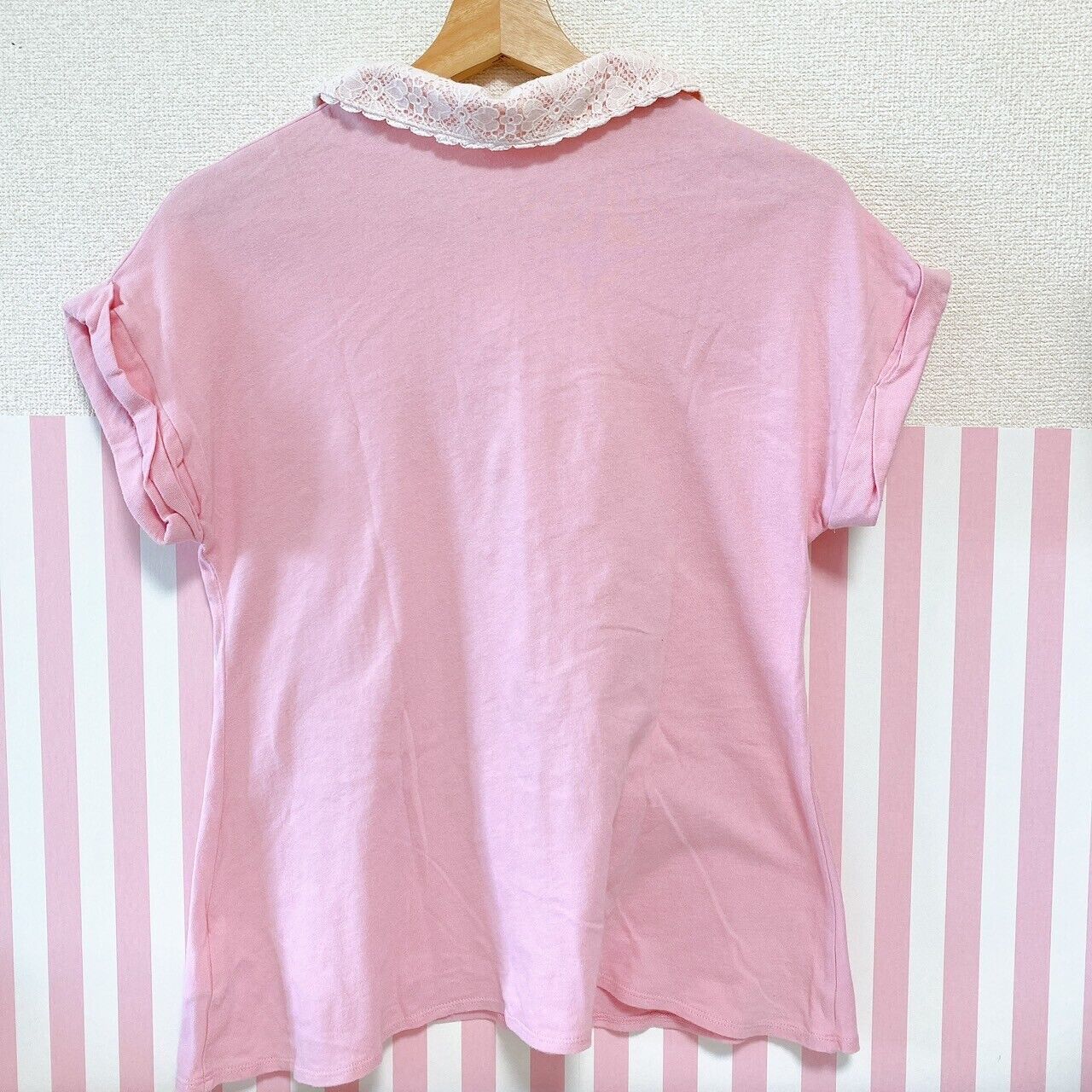 Mezzo Piano T-shirt Tops 160 Size Bear Pink Pearl Stone Lace Button Short Sleeve