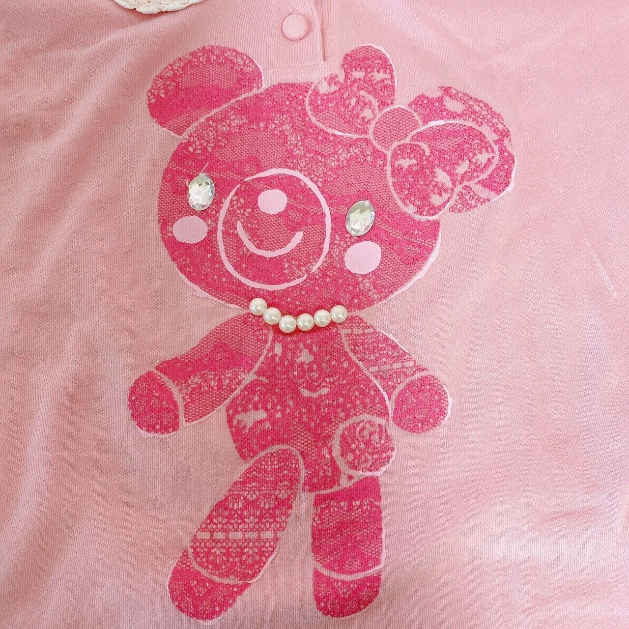 Mezzo Piano T-shirt Tops 160 Size Bear Pink Pearl Stone Lace Button Short Sleeve