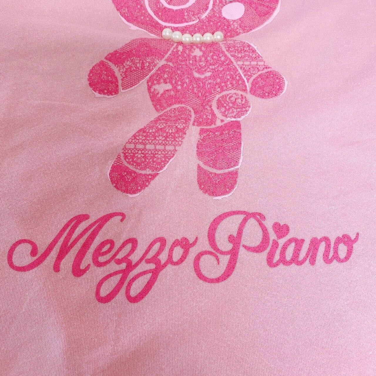 Mezzo Piano T-shirt Tops 160 Size Bear Pink Pearl Stone Lace Button Short Sleeve