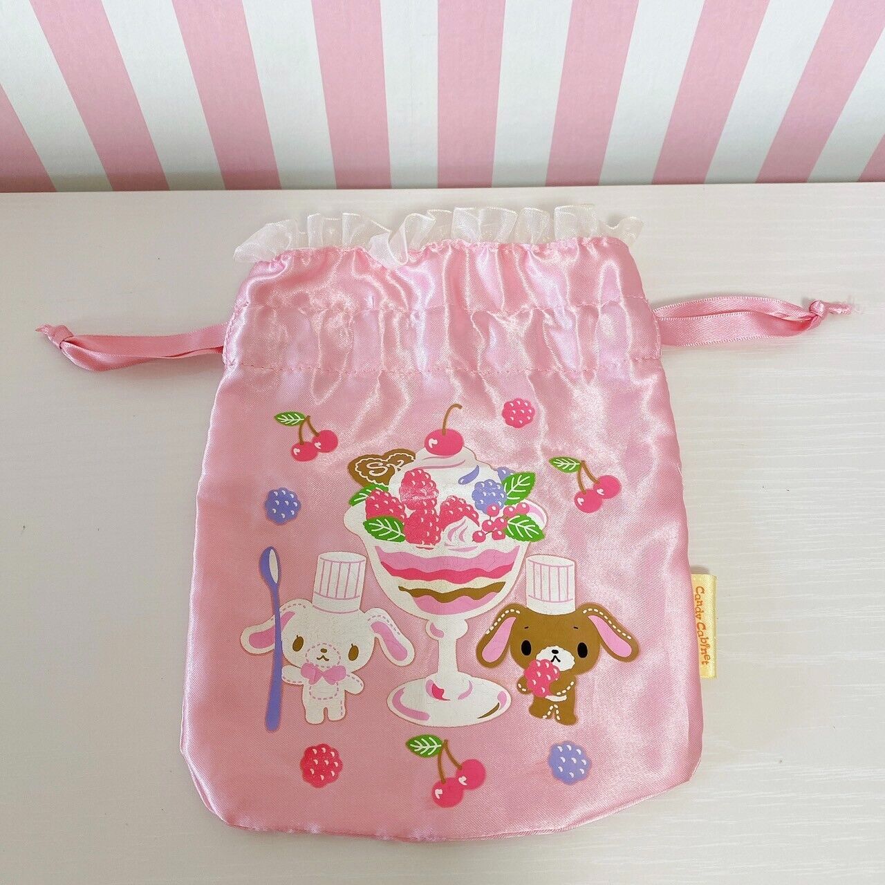 Sanrio Sugar Bunnies Drawstring Bag Pink Parfait Sweets Fruits Pastry Chef Rare