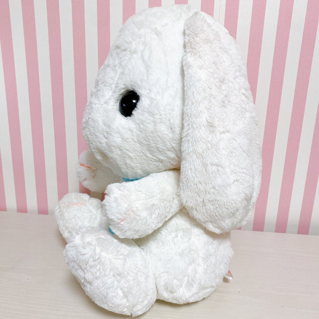 Poteusa Loppy Plush Soft Stuffed Toy Doll Fluffy White Blue Ribbon Polka Dots