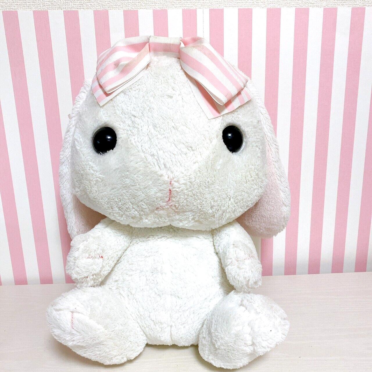 Poteusa Loppy Plush Stuffed Toy Doll Fluffy White Striped Ribbon Large Rabbit