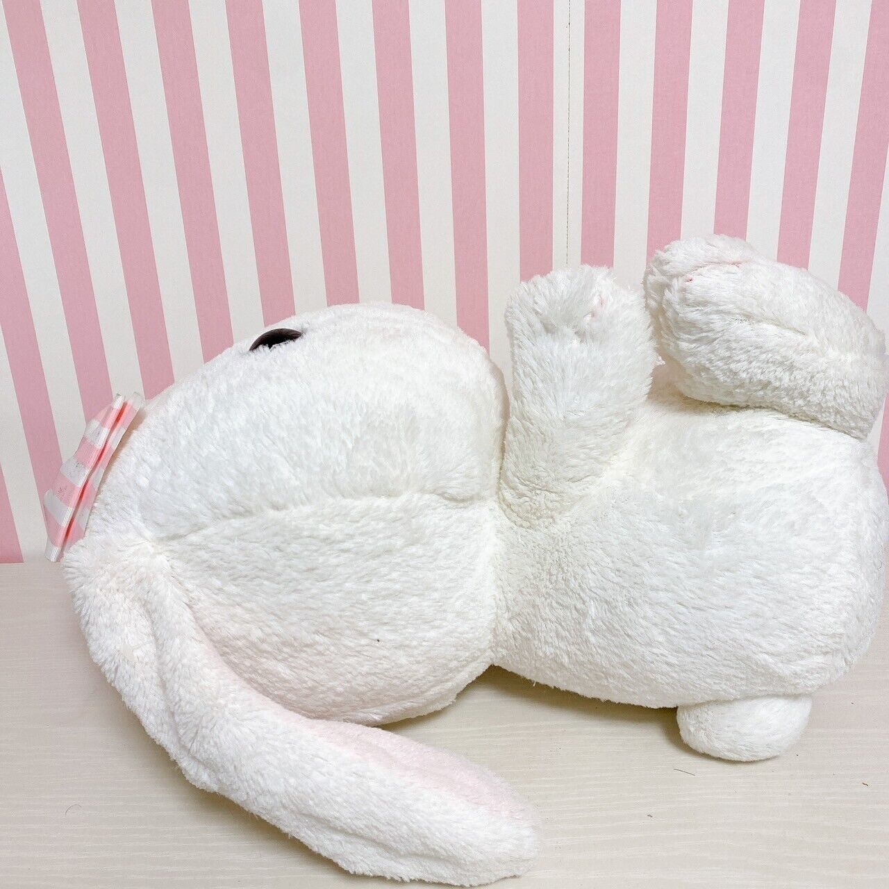 Poteusa Loppy Plush Stuffed Toy Doll Fluffy White Striped Ribbon Large Rabbit