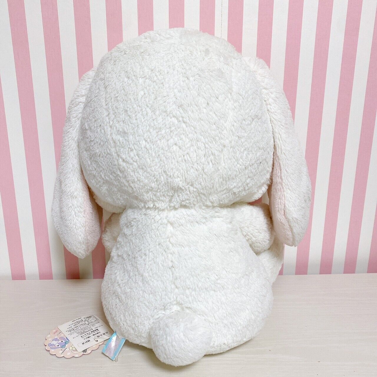 Poteusa Loppy Plush Stuffed Toy Doll Fluffy White Striped Ribbon Large Rabbit