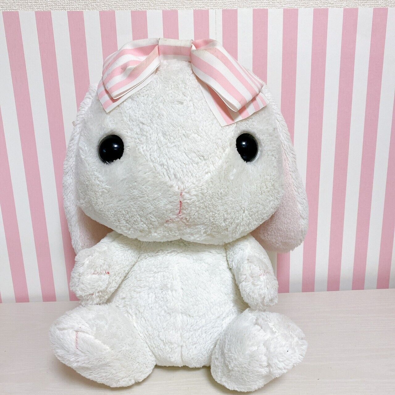 Poteusa Loppy Plush Stuffed Toy Doll Fluffy White Striped Ribbon Large Rabbit