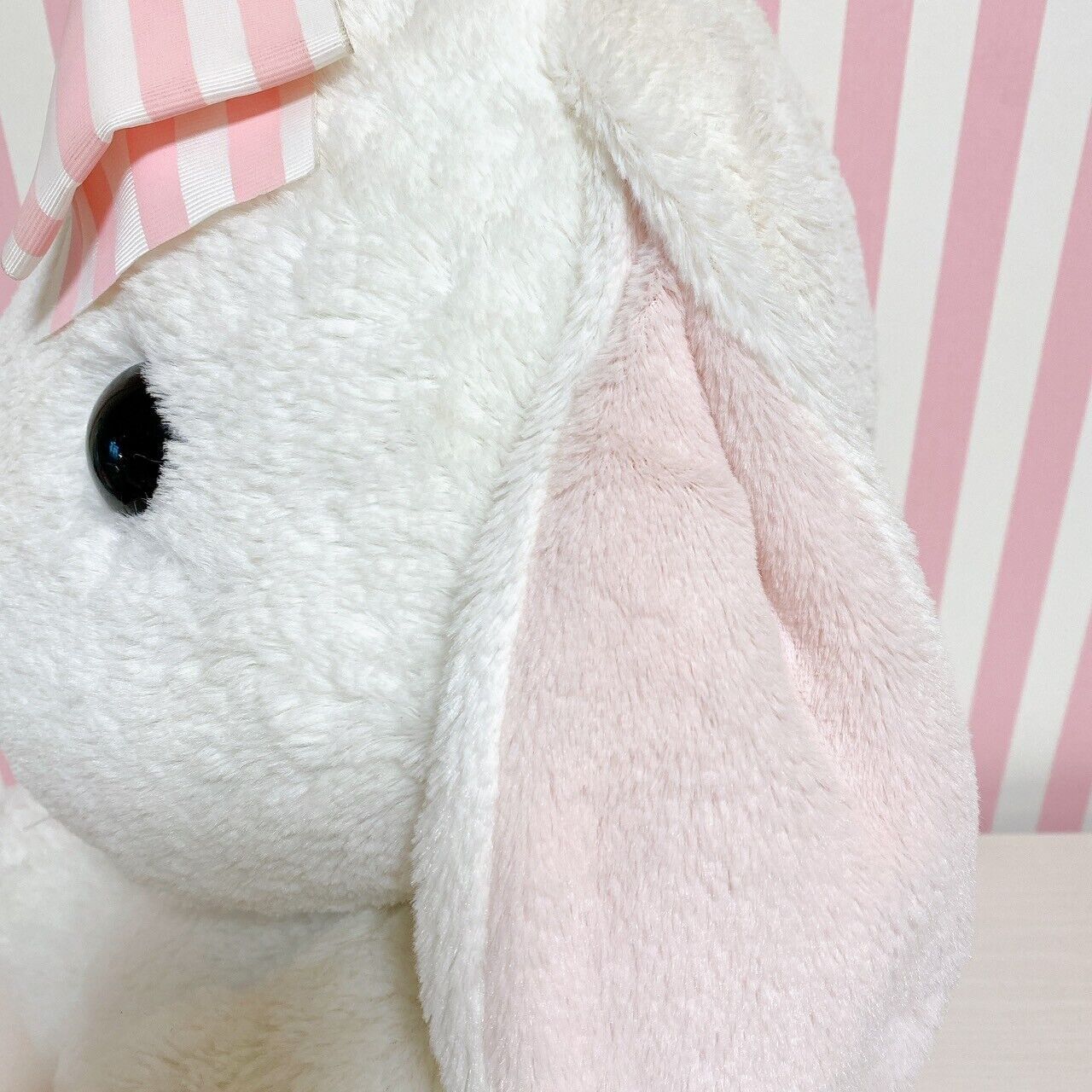 Poteusa Loppy Plush Stuffed Toy Doll Fluffy White Striped Ribbon Large Rabbit