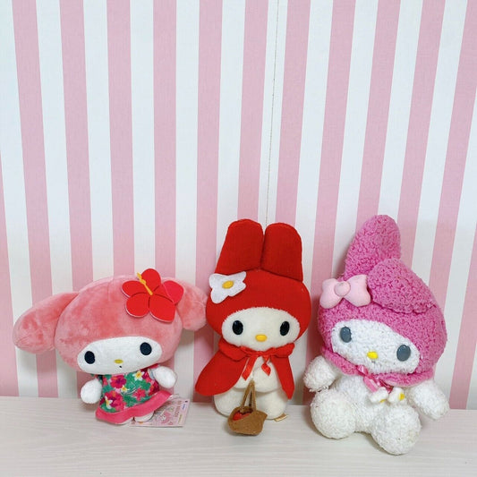 Sanrio My Melody Plush Stuffed Toy Doll Retro Set Of 3 Pink Red Hibiscus Poncho