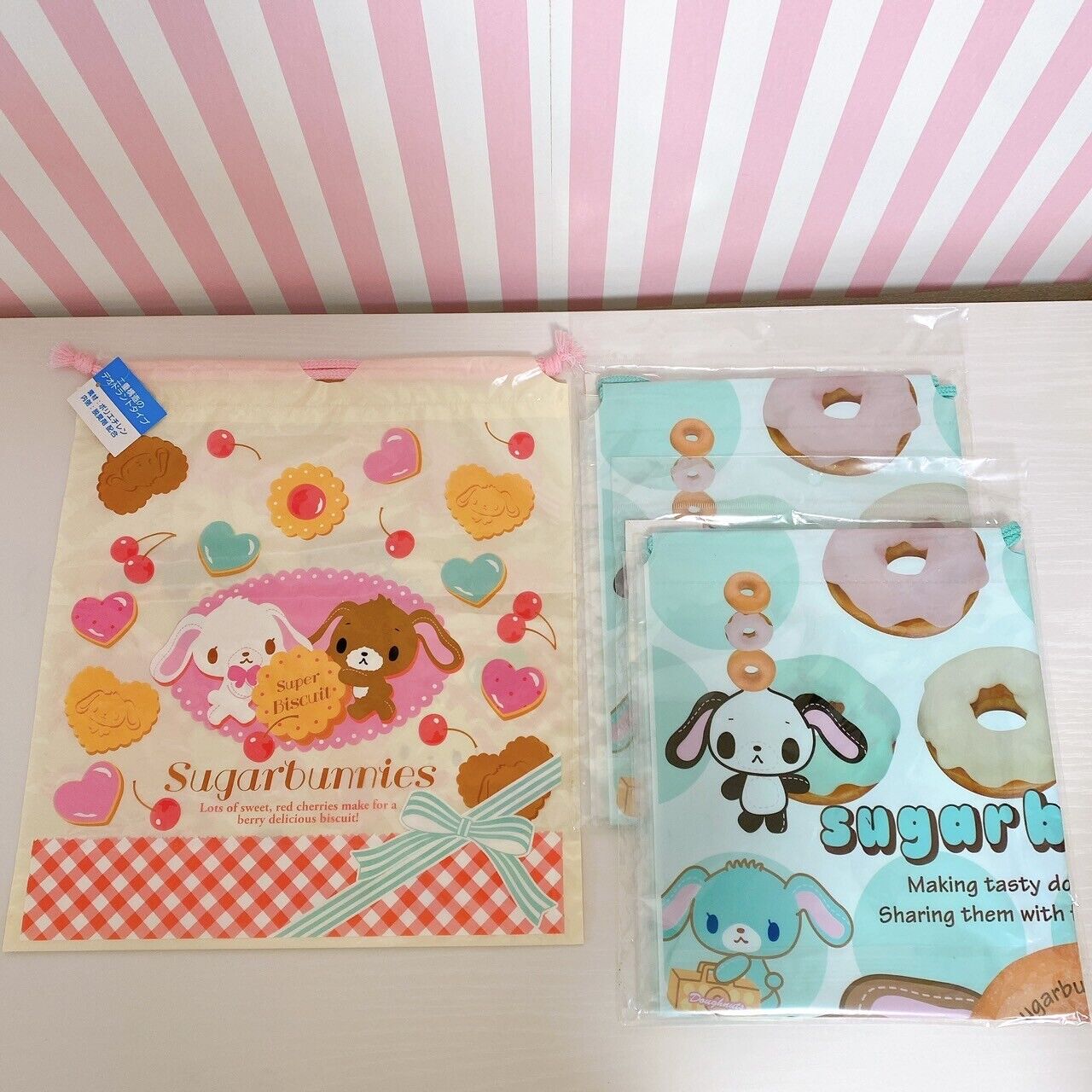 Sanrio Sugar Bunnies Plastic Bag Drawstring Donut Cookie 3 Set Kawaii Character