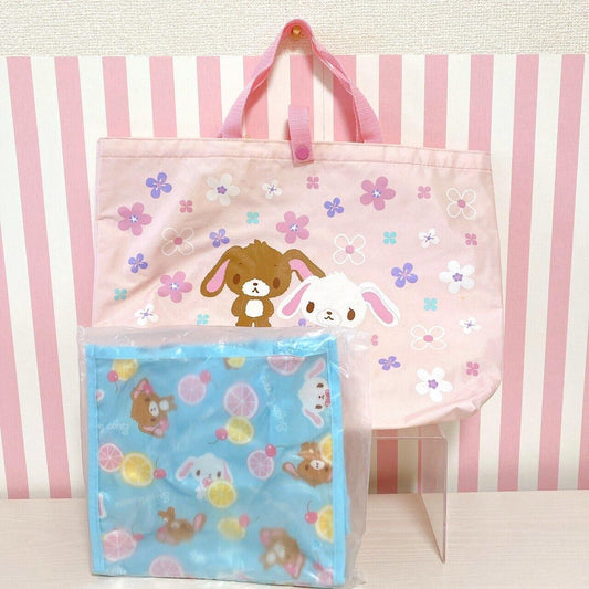 Sanrio Sugar Bunnies Tote Bag Set 2 Lesson Handbag Pink Flower Blue Lemon Fruits