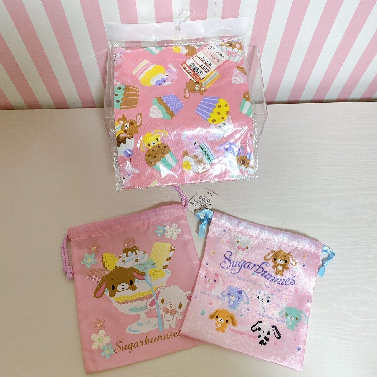 Sanrio Sugar Bunnies Bag Drawstring Pink 3 Set Small Cup Cake Kawaii Character