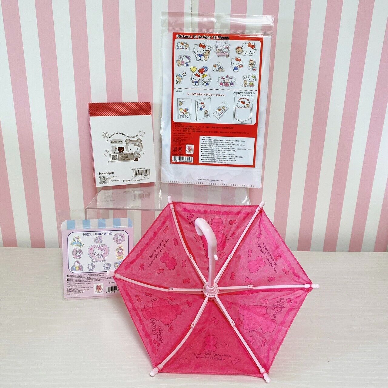 Sanrio Hello Kitty Sticker Memo Pad Notepad Mini Umbrella Set Stationery Pink