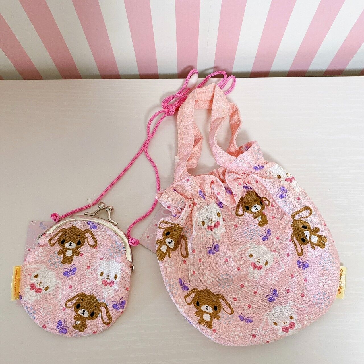 Sanrio Sugar Bunnies Drawstring Purse Pink Japanese Style 2 Set Butterfly Rare