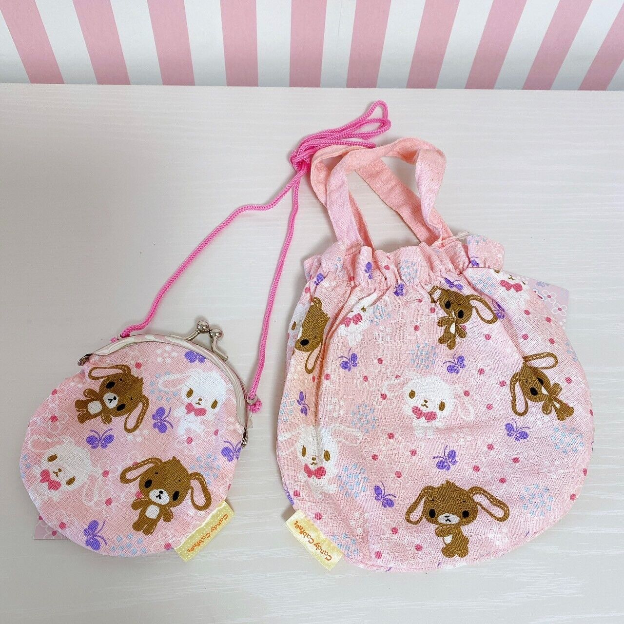 Sanrio Sugar Bunnies Drawstring Purse Pink Japanese Style 2 Set Butterfly Rare