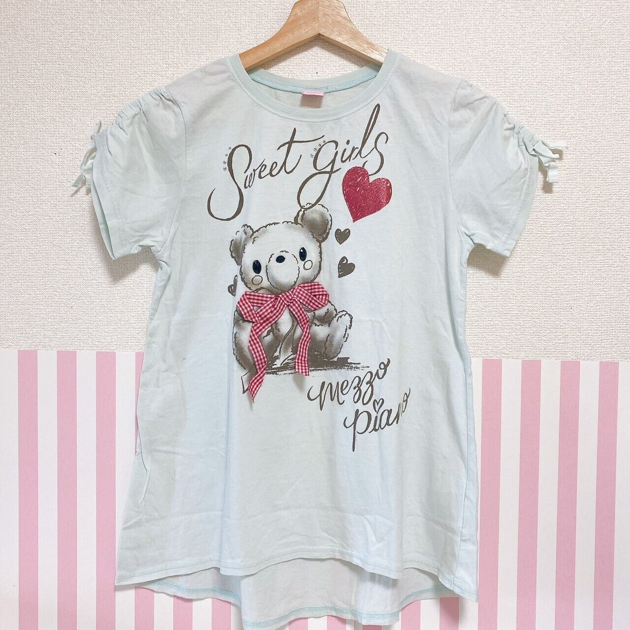 Mezzo Piano T-shirt Tops 160 Size Ribbon Bear Short Sleeve Heart Light Blue Cute