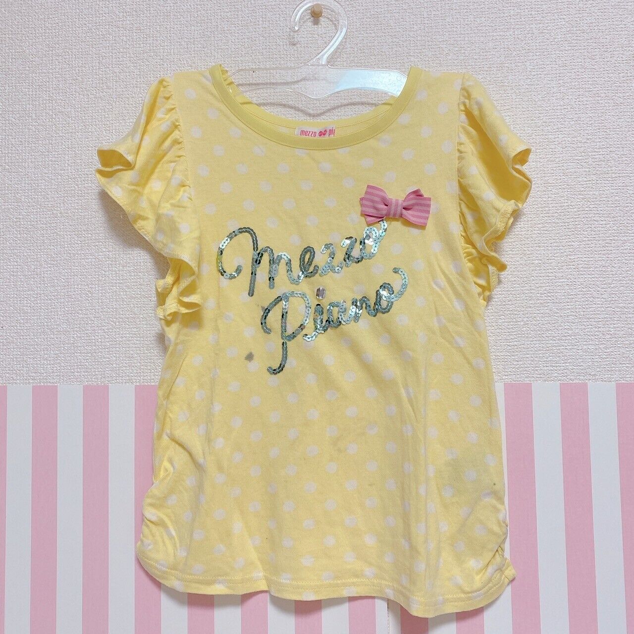 Mezzo Piano T-shirt Tops 130 Size Yellow Ribbon Short Sleeve Sequins Kawaii Kids