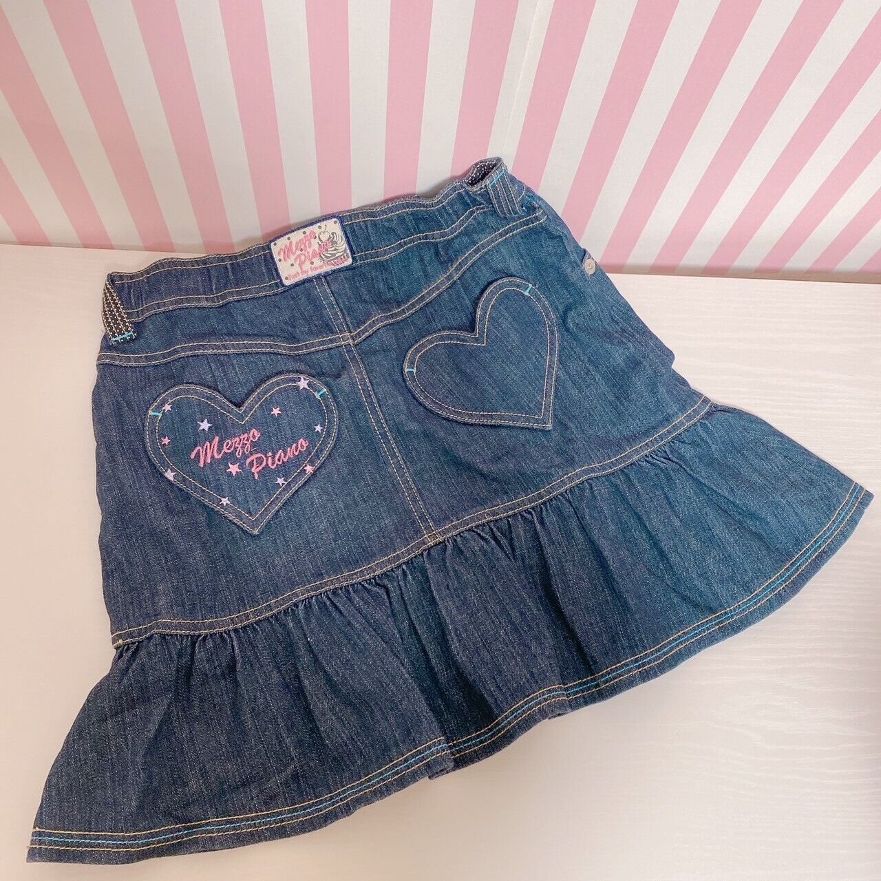 Mezzo Piano Skirt Denim 150cm Heart Frill Button Pocket Cupcake Kawaii Girl Rare