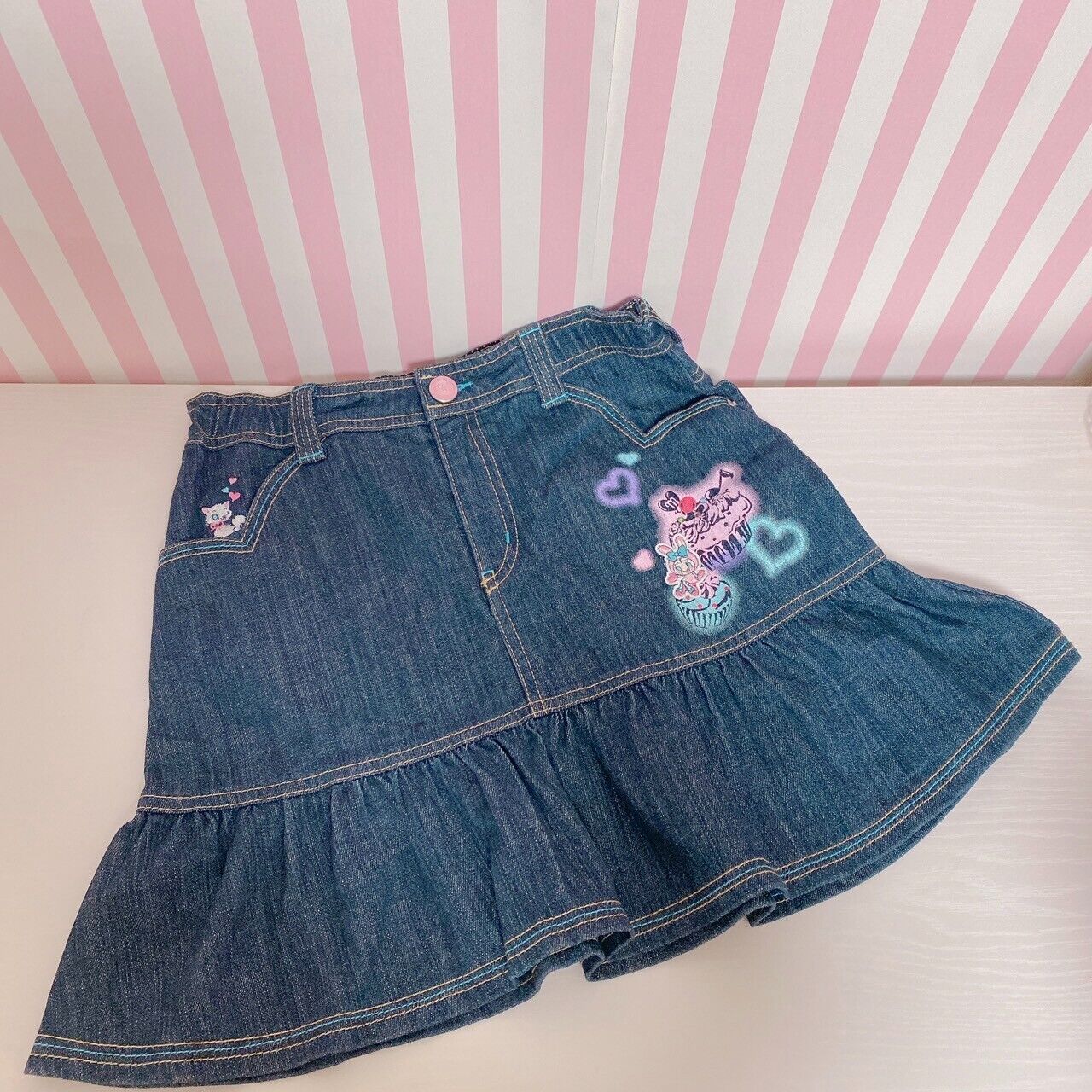 Mezzo Piano Skirt Denim 150cm Heart Frill Button Pocket Cupcake Kawaii Girl Rare