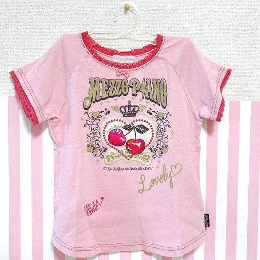 Mezzo Piano Kids T-shirt 130cm Pink Cherry Ribbon Pink Heart Frill Crown Lovely