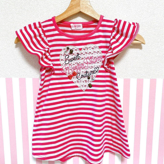 Mezzo Piano Kids T-shirt 130cm Stripe Red White Ribbon Lace Heart Frill Kawaii