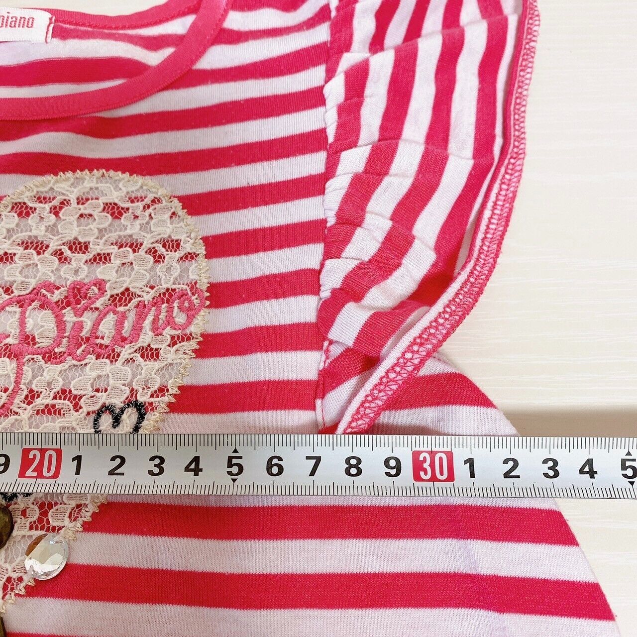 Mezzo Piano Kids T-shirt 130cm Stripe Red White Ribbon Lace Heart Frill Kawaii