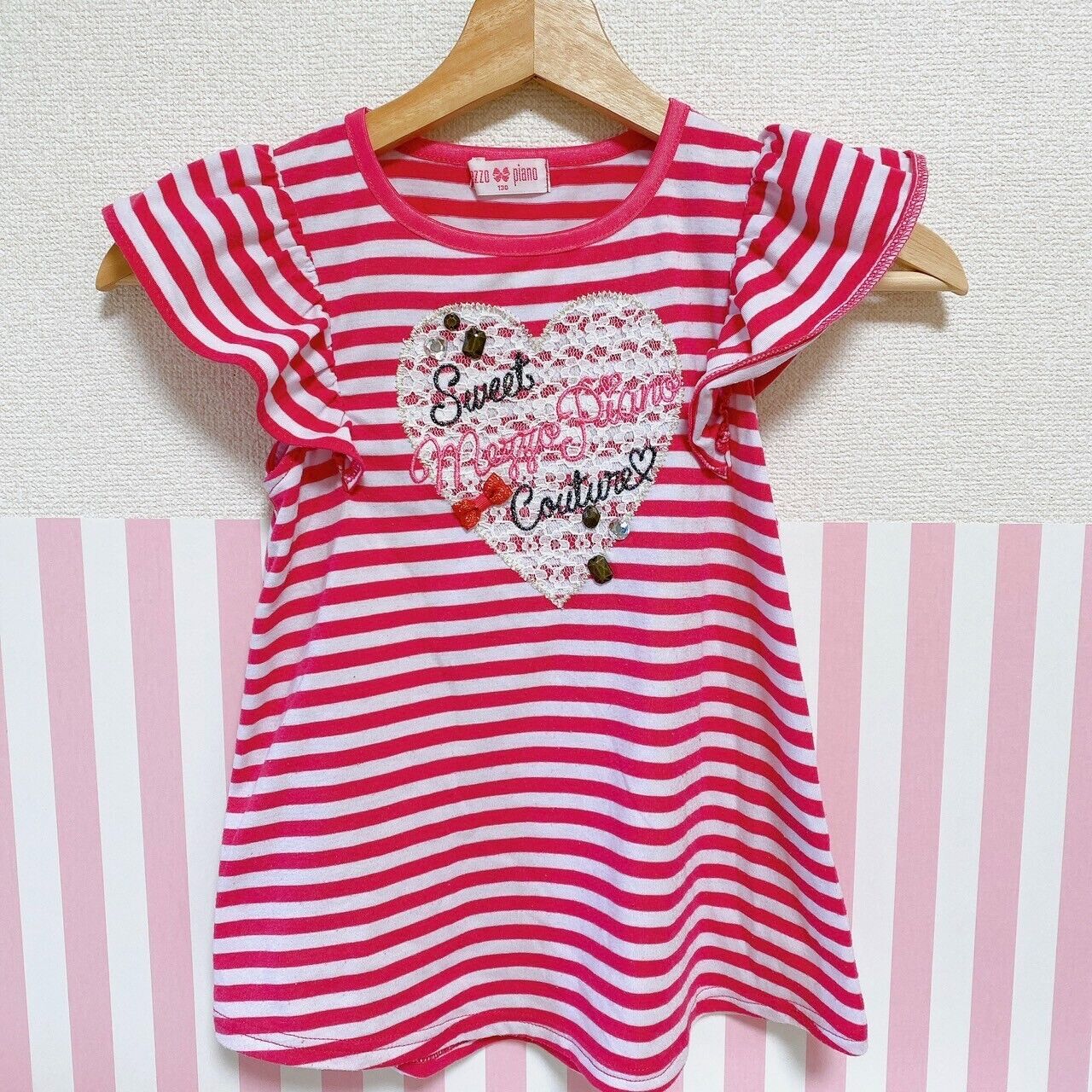 Mezzo Piano Kids T-shirt 130cm Stripe Red White Ribbon Lace Heart Frill Kawaii