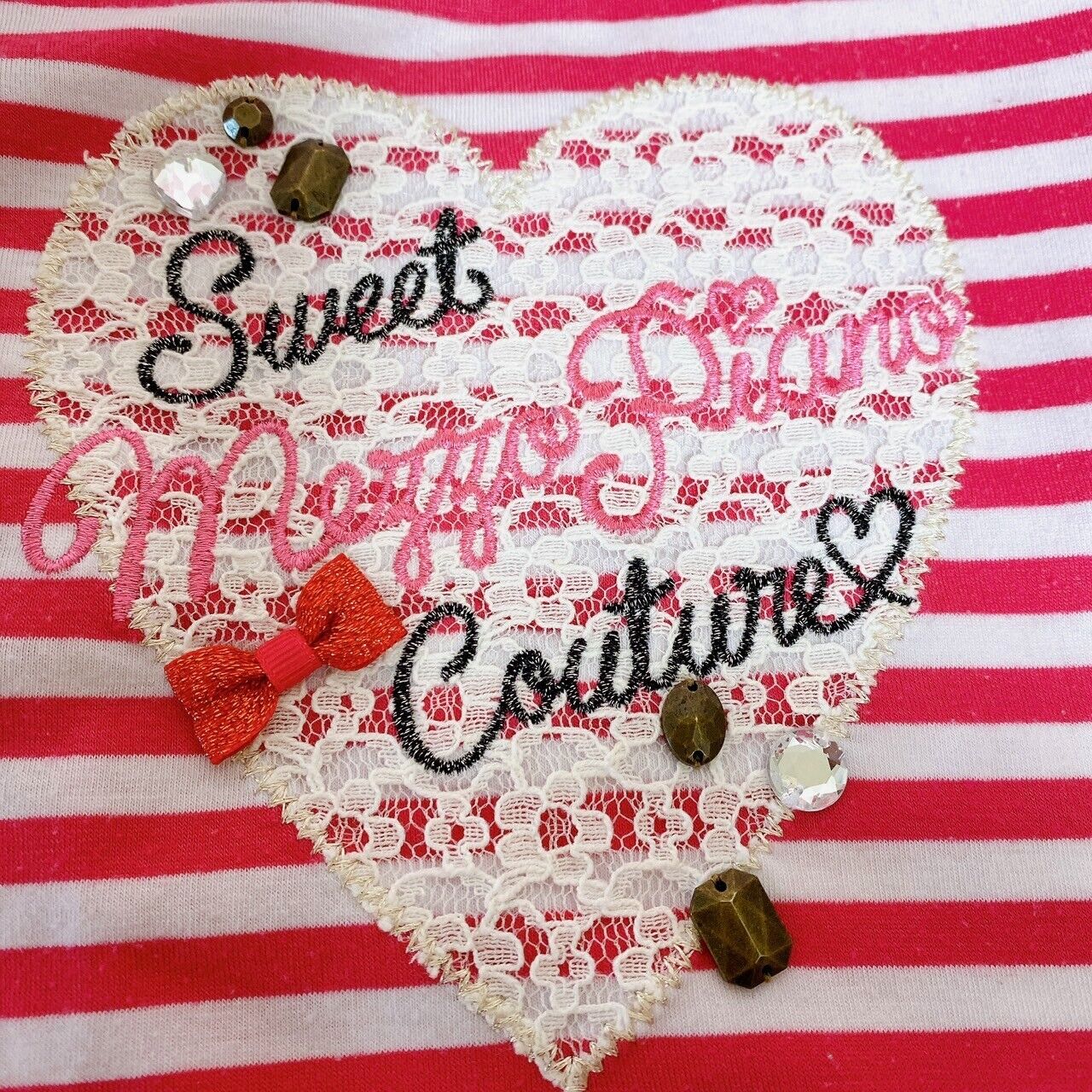 Mezzo Piano Kids T-shirt 130cm Stripe Red White Ribbon Lace Heart Frill Kawaii