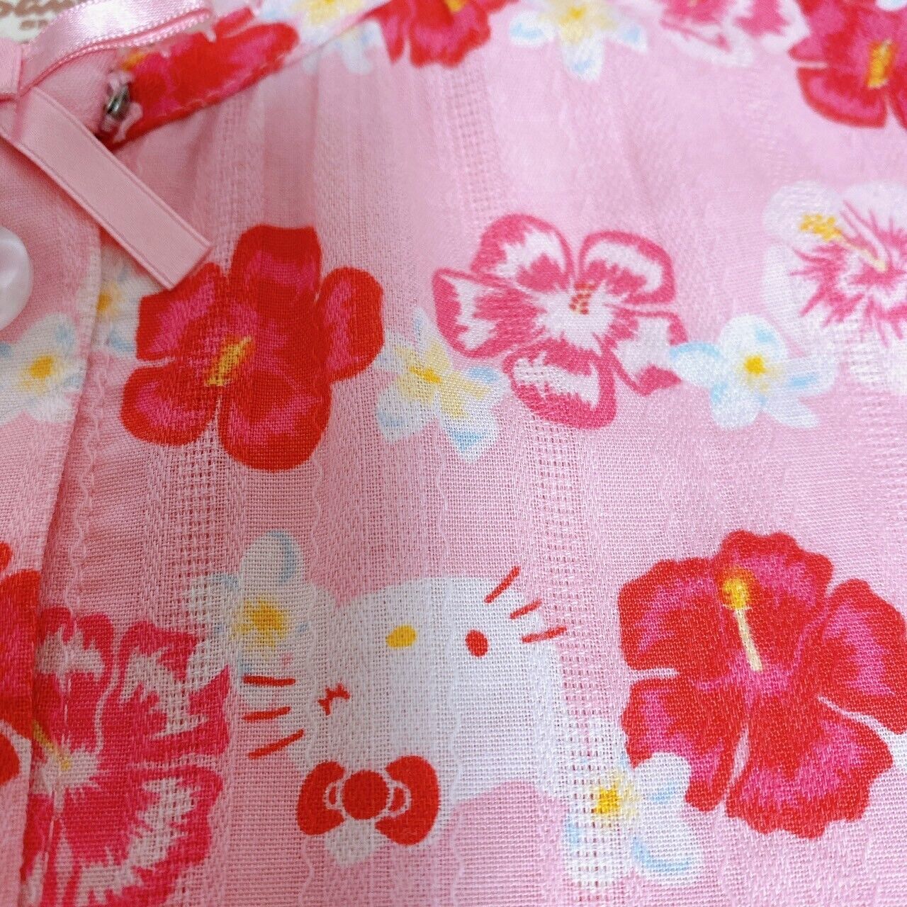 Sanrio Hello Kitty Summer Pajamas Kids 120cm Pink Red Flower Hibiscus Ribbon