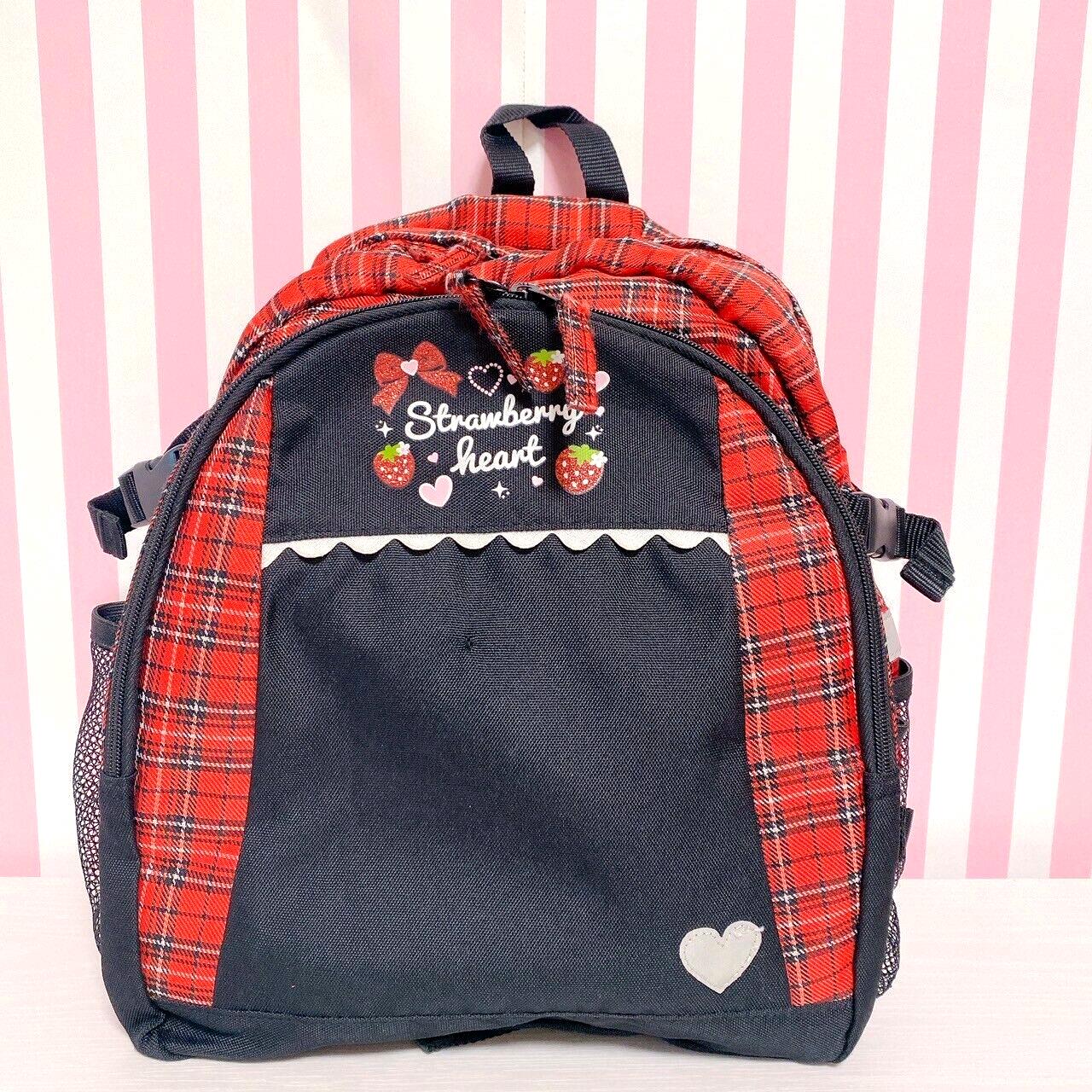 Mother Garden Rucksack Backpack School Bag Black Strawberry Plaid Heart Kawaii