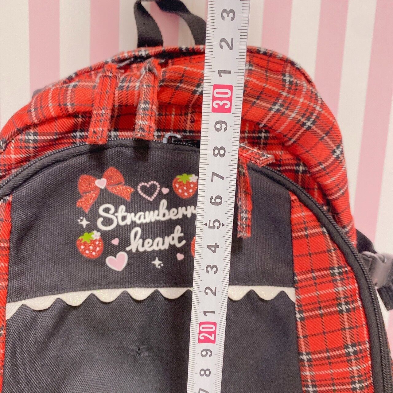 Mother Garden Rucksack Backpack School Bag Black Strawberry Plaid Heart Kawaii